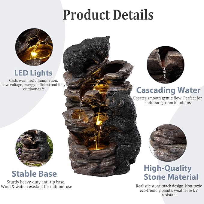 21.7" Tall Outdoor Water Fountain, 5 Tier Cascading Bowls and Stacked Water Fountain with LED Lights, for Yard Décor, Backyard, Patio and Deck (21.7'')