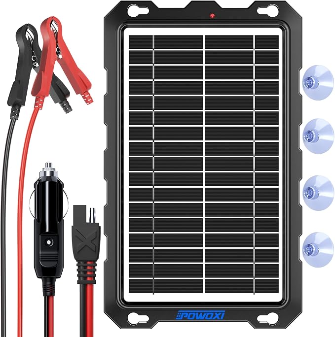 POWOXI-9W-Solar-Battery-Trickle-Charger-Maintainer -12V Portable Waterproof Solar Panel Trickle Charging Kit for Car, Motorcycle, Boat, Marine, RV, Trailer, Powersports, Snowmobile, etc. by POWOXI