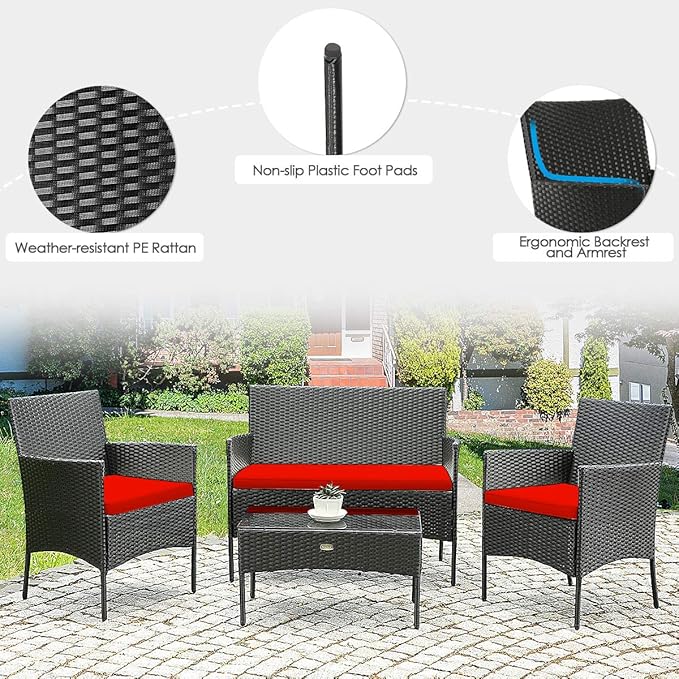 8 Pieces Patio Furniture Set, Outdoor Conversation Set with Ergonomic Curved Backrest, Patio Chair Set with Water-Resistant Cushion & Tempered Glass Table for Balcony,Porch,Poolside(Red)