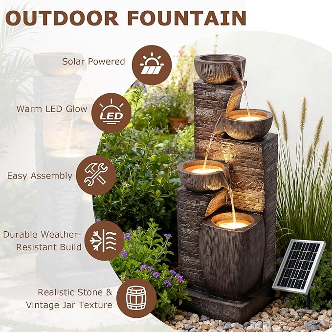 38.2" Tall Solar Powered Water Fountain for Outdoor,4 Tiers Modern Cascading Bowls and Stacked Stones Solar Fountains with LED Lights for Garden, Patio, Deck, Backyard and Home Art Decor