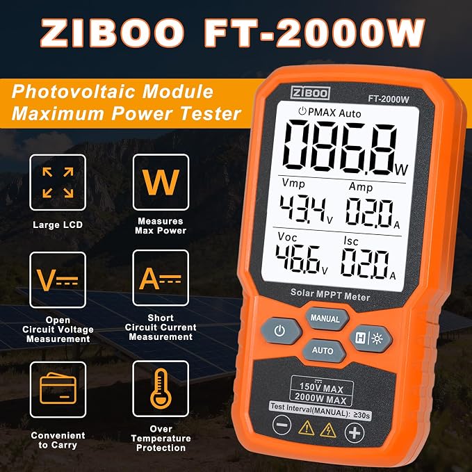 ZIBOO FT-2000W Solar Panel Tester MPPT Meter - 2000W Max Power, 150V/35A PV Module Tester for Voc/Isc, Open Circuit Voltage & Short Circuit Current, with Backlight & Data Hold - Image 3