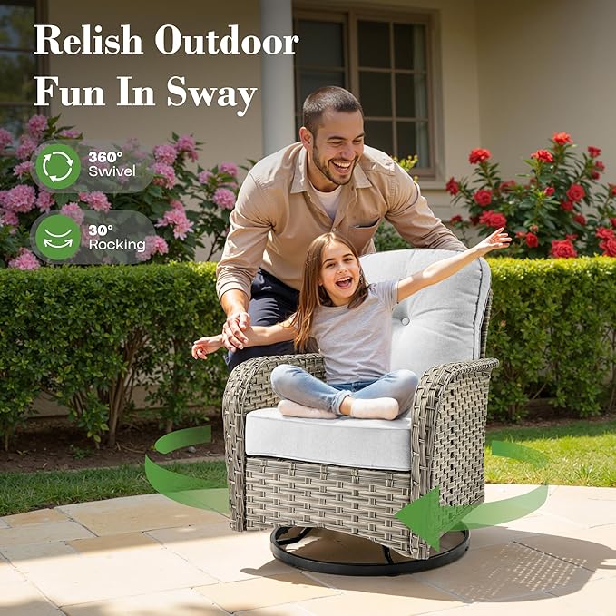 10 Piece Outdoor Patio Furniture with Swivel Rocking Chair, Rattan Wicker Conversation Set with Glowing Coffee Table, Sectional Single Chairs for Porch Balcony Backyard Pool,Light Grey