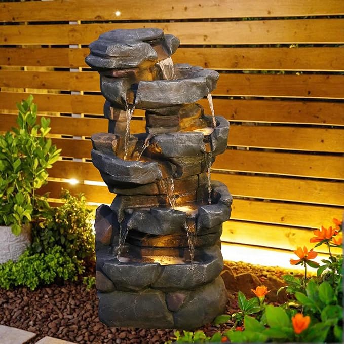 42" H Outdoor Water Fountain with 5 Tiers Large Cascading Realistic Tree Trunk Waterfall Fountains with LED Lights Outdoor Water Fountain for Garden Patio Backyard Porch Home Decor