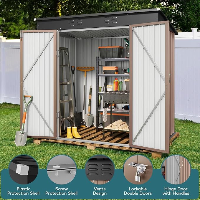 Gizoon 6' x 4' Outdoor Storage Shed with Double Lockable Doors, Anti-Corrosion Metal Garden Shed, Waterproof Shed Outdoor Storage Clearance for Backyard Patio Lawn-Brown - Image 4