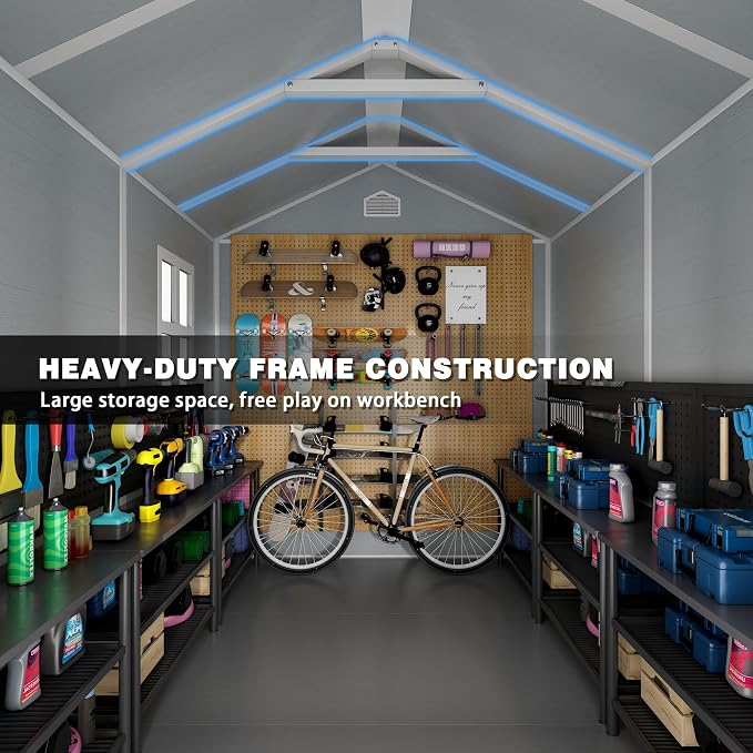8x6 FT Outdoor Resin Storage Shed with Floor, All-Weather Plastic Garden Shed with Lockable Door & Windows, Waterproof Outside Tool Sheds for Backyard, Patio, Lawn, Tools Storage - Gray - Image 3