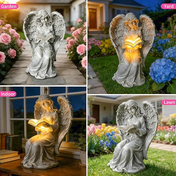 Solar Garden Outdoor Angel Statues with Book, Book Lovers Gifts for Balcony Patio Lawn Table Yard Ornaments, Solar Resin Fairy Waterproof LED Lights, Birthday Gifts for Women Mom Grandma