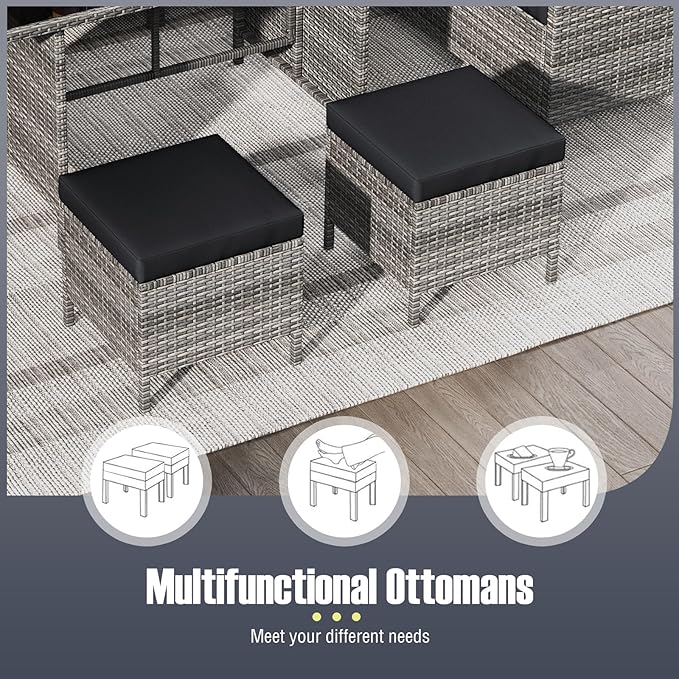 Tangkula 7 Pieces Patio Dining Furniture Set, Outdoor PE Rattan Sectional Sofa Set with Soft Cushions, Ottomans and Tempered Glass Table, Wicker Conversation Set (Mix Gray + Black)