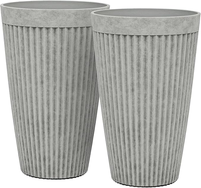 20" Tall Planters Set of 2, High-Density Resin Fluted Outdoor Pots for Plants, Versatile Indoor/Outdoor Flower Pots w/Drainage Holes for Patio, Garden, Porch & Living Room Decor, Ideal Gift