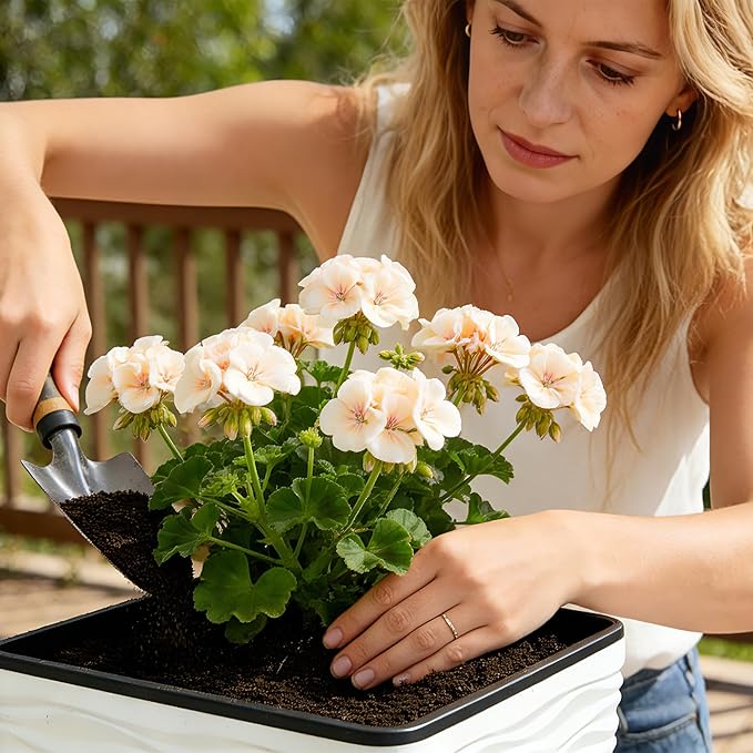 Worth 2 Pack 22" Tall Plastic Square Tapered Planter with Inside Pots for Indoor or Outdoor Use, Modern Wavy Finish for Front Porch or Deck, White