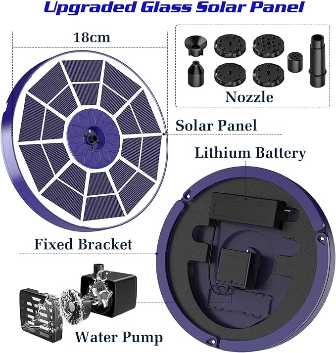 AISITIN 3.5W Solar Fountain Pump Built-in 1800mAh Battery, Solar Bird Bath Fountains with 8 Nozzles, Solar Water Pump for Garden Birdbath Pool Fish Tank Pond and Outdoor (purple)