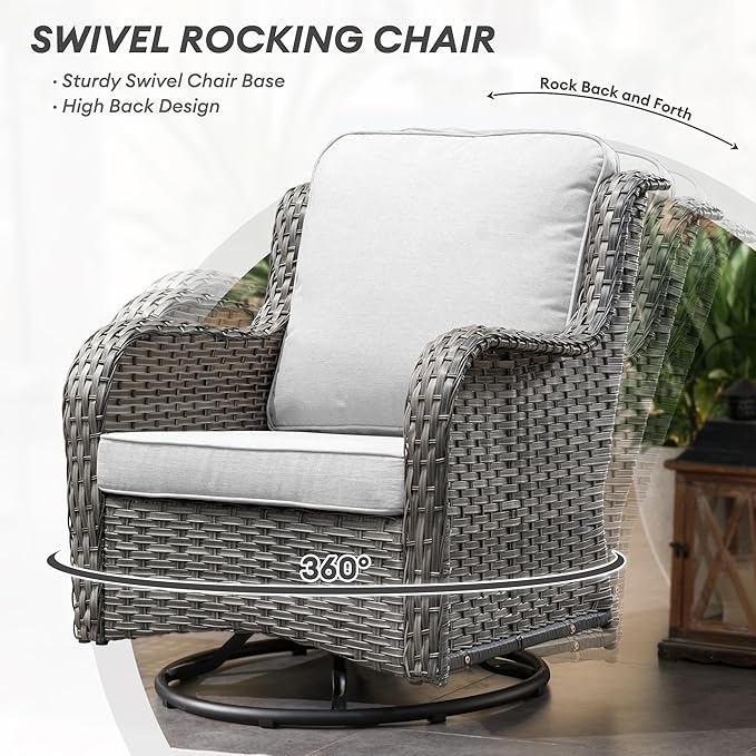HOOOWOOO Patio Outdoor Furniture with Large Fire Pit Table,High Back 6 Piece Wicker Patio Conversation Set with Swivel Chairs,7 Person Couch Sofa Seating,Light Gray