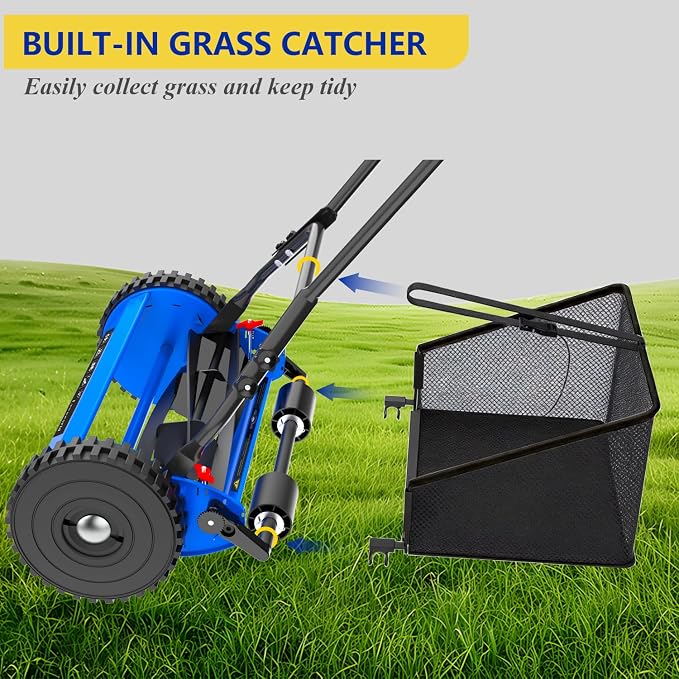 16-Inch Reel Lawn Mower with Grass Catcher and Tool-Free Blade Adjustment, 5-Blade Manual Push Lawn Mower, 5-Position Height Adjustable - Image 6