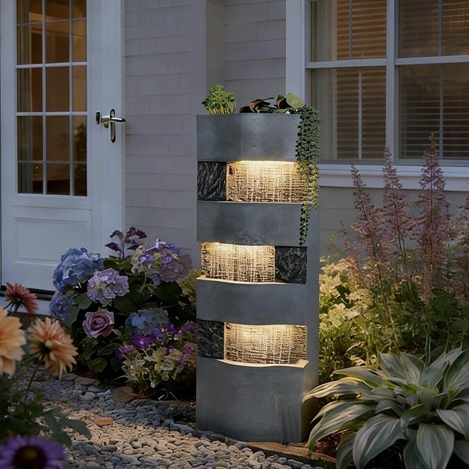 40.5" H Indoor Outdoor Modern Water Fountain with Lights and Pump, Tall 4-Tier Outdoor Freestanding Cascading Waterfall Fountain for Garden, Porch, Yard, Landscape, Indoor Décor, Grey
