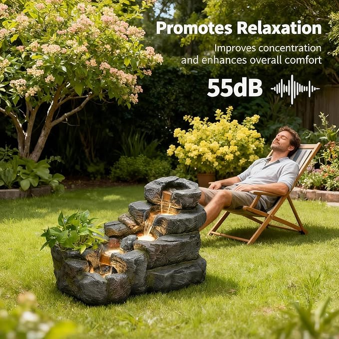 38.2" L Garden Outdoor Water Fountain 5 Tiers Floor Standing Rock Natural Waterfall Outdoor Fountains with LED Lights and Planting Pot for Patio, Porch,Backyard,Home Art Decor