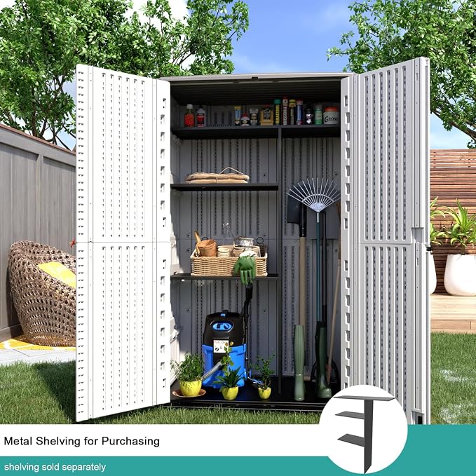 Outdoor Storage Shed,KINYING Outdoor Storage Cabinet Waterproof with Double Doors,52 Cu.ft Resin Vertical Tool Shed for Garden,Patio,Backyard,4×2.5×6.6 FT - Image 5