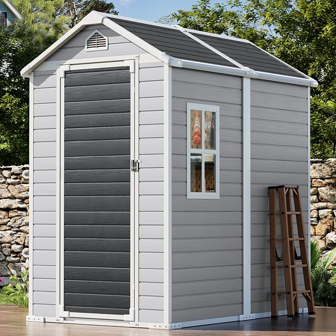 6x4 FT Outdoor Storage Shed, Waterproof Resin Shed with Floor & Lockable Door & Window & Vents, Plastic Tool Shed for Backyard, Patio, Poolside, All Weather Use,Dove Grey by SELLERWE