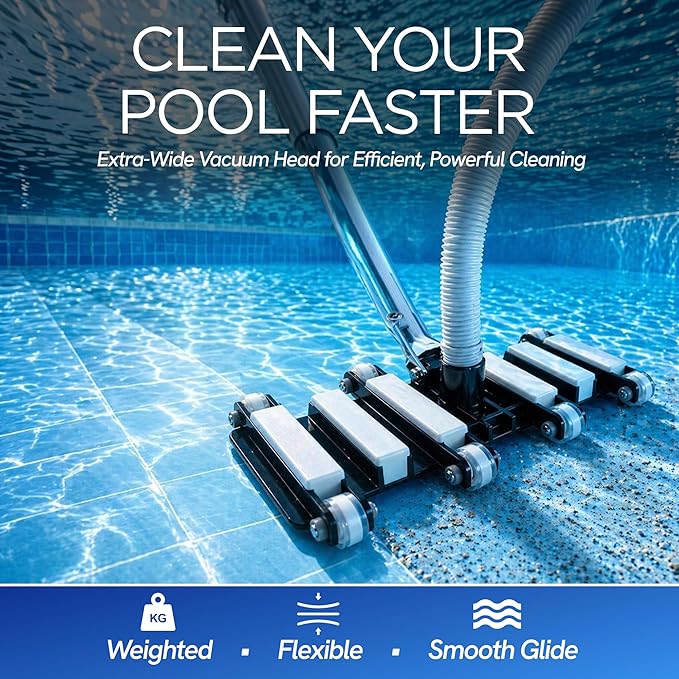 FibroPool Pool Vacuum Head - 14.4" Weighted Flexible Design - Inground & Above Ground Pools - 1.5" Universal Hose Fit - Urethane Wheels - Image 2