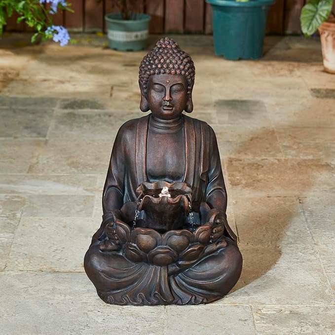 Glitzhome 24" H Zen Style Meditating Buddha Water Fountain Statue with Pump and LED Light, 2 Tier Waterfalls Resin Indoor Outdoor Floor Fountain for Garden Patio Backyard Decking