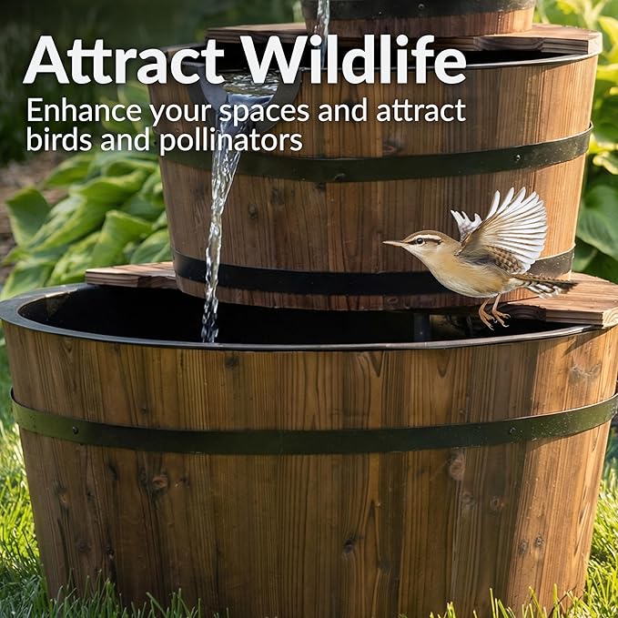 Sunnydaze 3-Tier Wood Barrel Water Fountain - 30-Inch Outdoor Water Fountain Barrel with Submersible Pump - for Garden, Patio, Decks