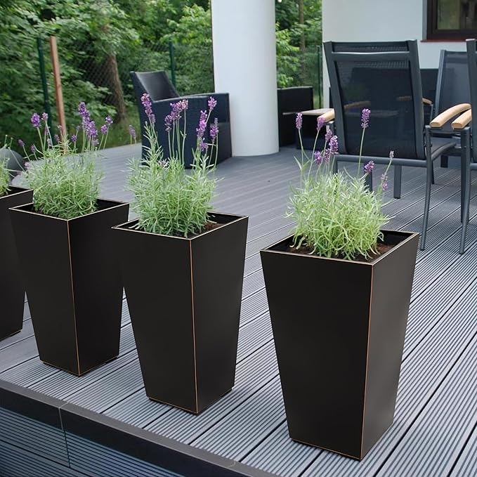 Wallowa Metallic Taper Planter, 26 Inch Tall Tapered Planter for Front Porch, Patio, Deck, Garden Indoor/Outdoor Tree Planters, Set of 2 Black with Copper Hand Brushed Rim