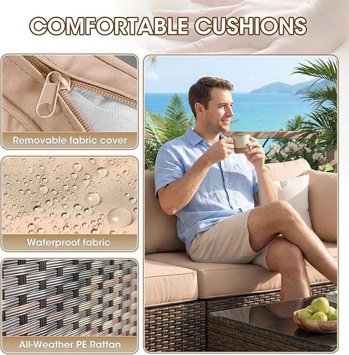 7 Piece Patio Furniture Set, Outdoor Wicker Sectional Sofa - All Weather High Backrest PE Rattan Couch Conversation Set with Cushion & Glass Top Table for Backyard Deck (Beige, L-7 pcs w/Glass Table)