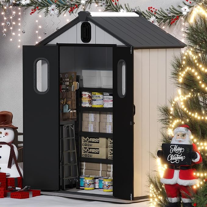 Domi 5x3 FT Outdoor Resin Storage Shed, All-Weather Double-Wall Storage Building for Backyard, Garden, Lawn Tools, Mower, Bike & Pool Equipment, Lockable Doors, Ventilated Roof, Grey - Image 2