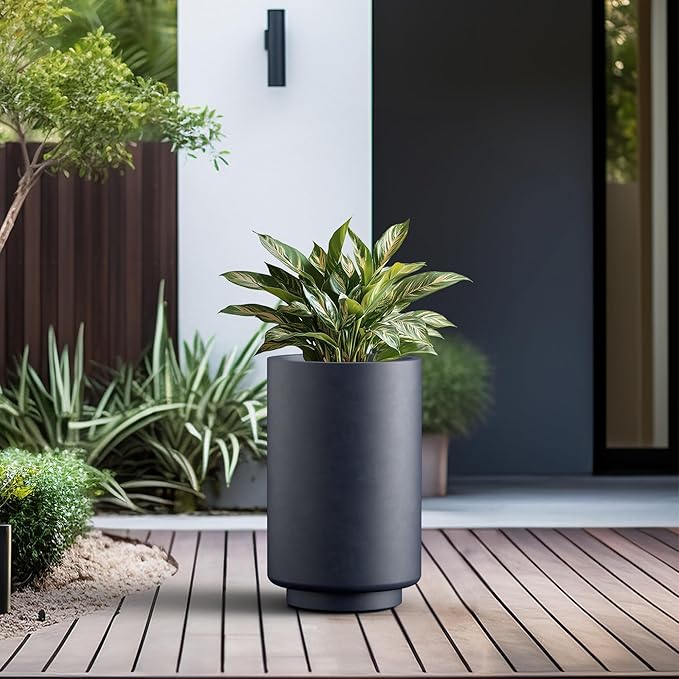 Kante 20.1 Inch Tall Concrete Planter, Round Pedestal Design Garden Pot for Indoor Outdoor Plants, Modern Garden Pot with Drainage Hole, Charcoal Finish with Painted Interior