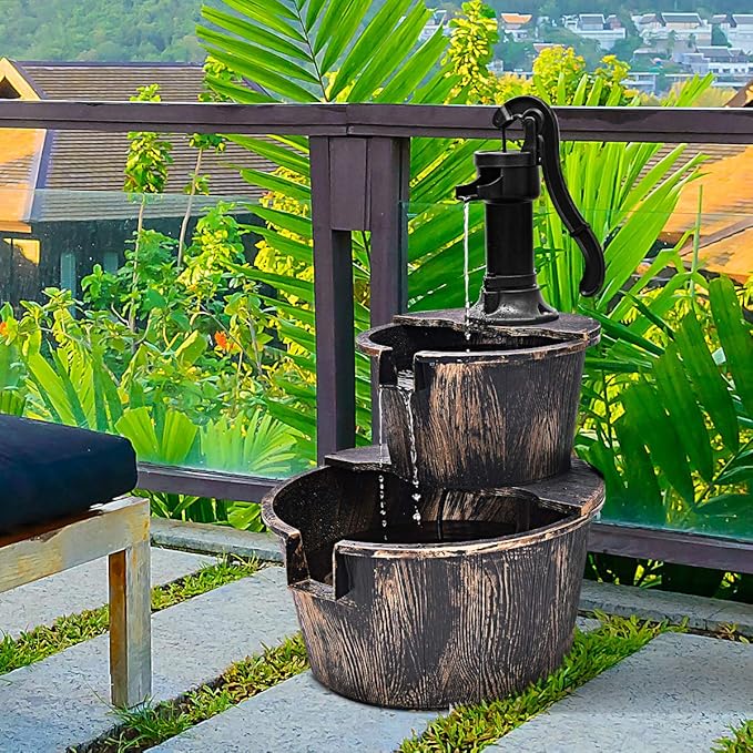 S AFSTAR Water Fountain Outdoor Waterfall Barrel, 2-Tier 27-Inch Barrel and Pump Waterfall Fountain W/Realistic Faux Wood Barrels & Pump Head, Garden Barrel Fountain for Patio Backyard Decor