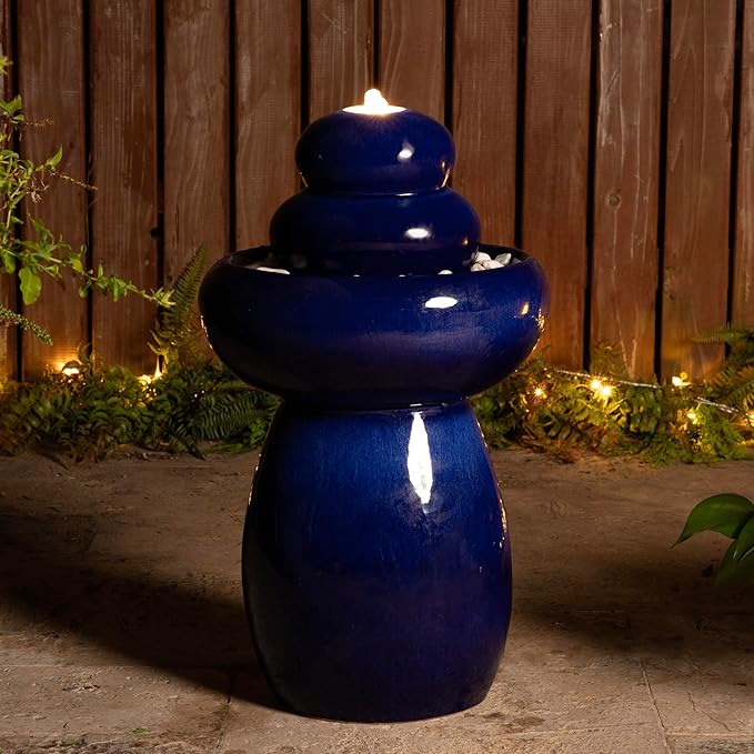 Glitzhome 22" H Zen-Style Outdoor Ceramic Fountain, 3 Tier Pedestal Cascading Water Fountains with LED Light & Pump, Cobalt Blue Pebbles Garden Fountains Waterfalls for Patio, Deck, Porch Decor