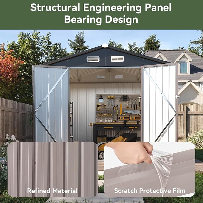 Aoxun 8x6 FT Outdoor Storage Shed Garden Metal Shed with Lockable Door Outdoor Large Shed for Tool, Garbage Can, Bike, Mower, Brown - Image 7