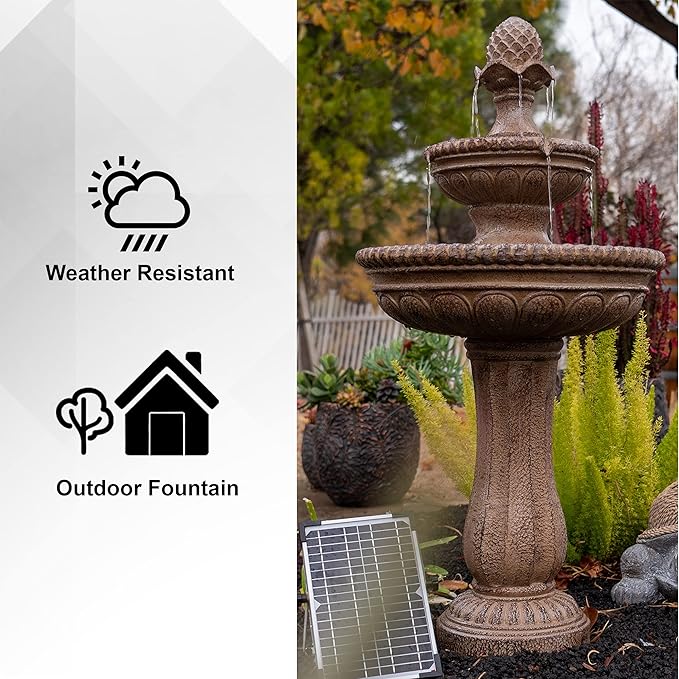 XBrand 39" Solar Water Fountain, 2-Tier Outdoor Sand Stone Resin with Solar Panel & Pump for Home Garden Yard Decor