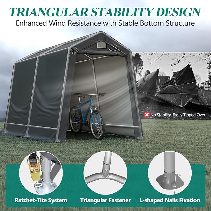 GARTOO 7' x 12' Outdoor Storage Shed- Heavy Duty Storage Shelter Tent with Roll-up Ventilated Door, Portable Garage Zipper Storage shed for Bike, ATV, Motorcycle Shelter, Gray - Image 5