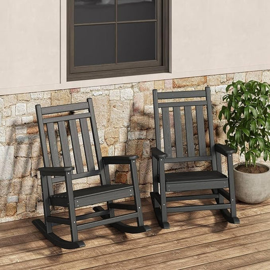 Garvee HDPE Rocking Chair Outdoor Set of 2 - Poly High Back Porch Rocker Chairs for Adults - All Weather Resistant Furniture for Patio Front Porch - Black by Garvee