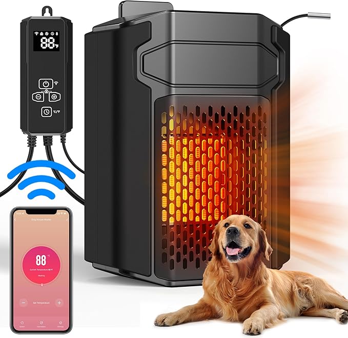 Dog House Heater with Thermostat - PETNF 500W Outdoor Dog Heater WIFI APP Remote Control,Doghouse Heaters for Outside Kennel with External Temperature Probe,41~113℉Adjustable Temp & Timer,Safe for Pet