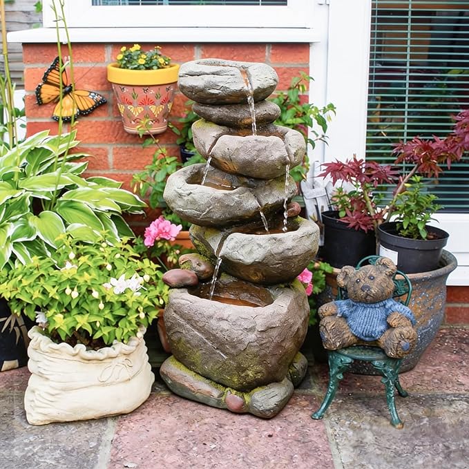 27.8" H Outdoor Water Fountain with LED Lights, 5-Tier Cascading Stone Waterfall Fountain, Natural Rock Resin Outdoor Water Fountain for Garden Patio Backyard Porch Indoor Decor