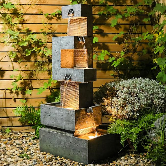 48 inches Outdoor Water Fountain Tiered Large Waterfall Freestanding Cascade Fountains Modern Geometric Effects with LED Lights for Garden Patio Yard Pool Home Decor Gray