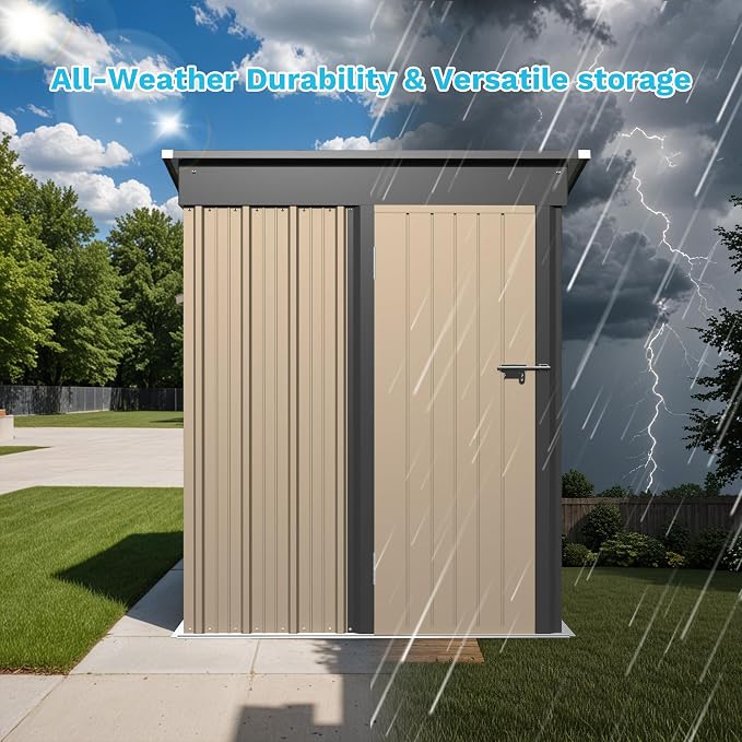 Greesum Outdoor Storage Shed 5 x 3 ft. Utility Tool Shed Metal Storage Garden Shed with Door & Lock for Patio Storage, Brown - Image 4