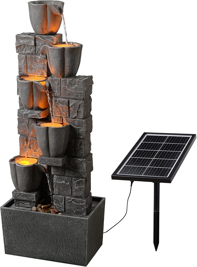 Solar Powered Water Fountain-36.2in.Tall Floor-Standing Outdoor Fountains with Tulip Design - Natural 4 Tiers Waterfall Water Feature for Outside Garden,Backyard,Lawn Decor,Grey