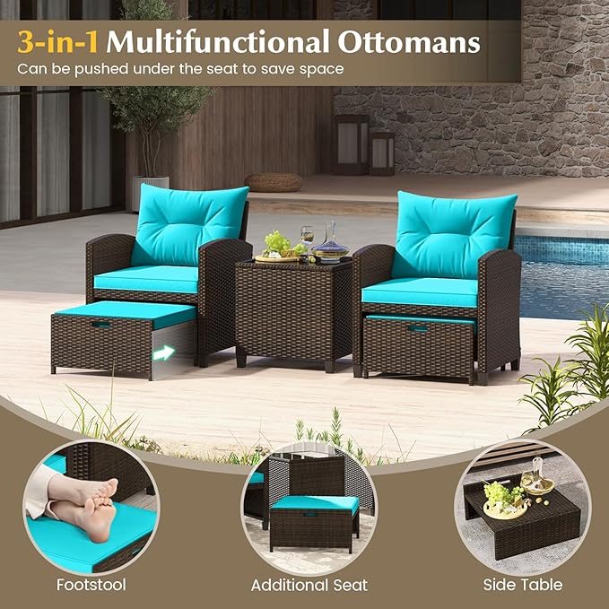 KOTEK 5 Pieces Patio Furniture Set with Ottomans, Wicker Patio Conversation Set with Coffee Table & Cushions, PE Rattan Outdoor Lounge Chairs for Backyard, Porch, Poolside (Mix Brown- Turquoise)