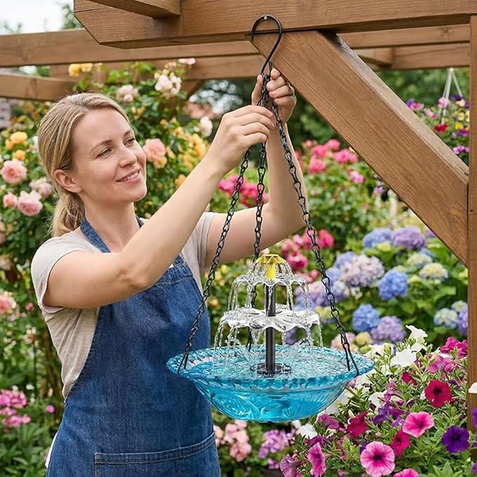 Solar Cascade Hanging Bird Bath Fountain, Solar Birdbath Fountain with Pump, Weatherproof Water Feature to Attract Hummingbirds, Garden Gift Yard Patio Backyard Decoration (Purple)