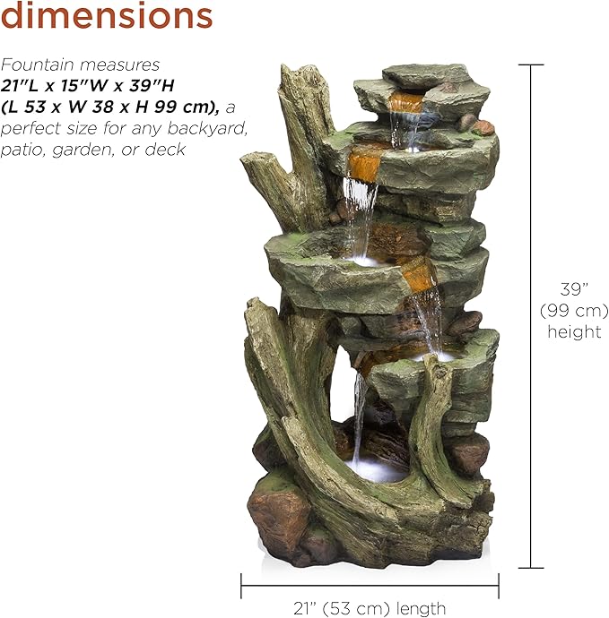 Alpine Corporation TZL292 Outdoor Floor Cascading Stone Tower Fountain, Garden Fountain with Natural Stone Look 40", Gray