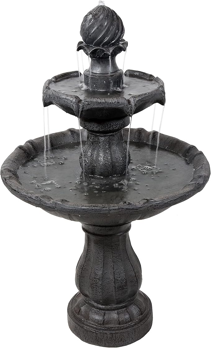 Sunnydaze 35" Solar 2-Tier Outdoor Water Fountain - Outdoor Water Fountain with Battery Backup and Pump - Black