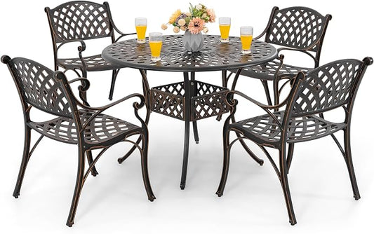 NUU GARDEN Outdoor 5-Piece Patio Dining Set, 4 Patio Chairs and 42'' Round Dining Table with 2.24" Umbrella Hole, Cast Aluminum Frame, for Patio, Deck, Garden, Backyard, Balcony, Antique Bronze by NUUGARDENCORPORATION