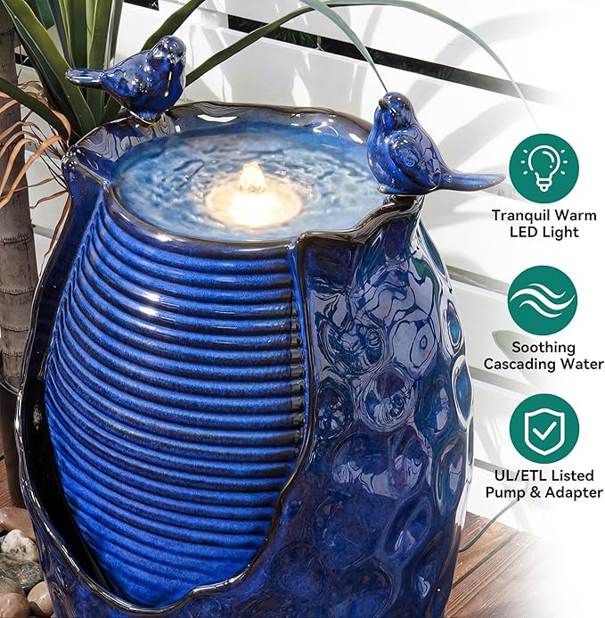 23.5" H Ceramic Jar Outdoor Fountain, Honeycomb Pot Water Feature with LED Lights, Soothing Trickling Waterfall for Garden, Patio, Yard Oasis, KD Vivid Bird Accents, Cobalt Blue Glaze,