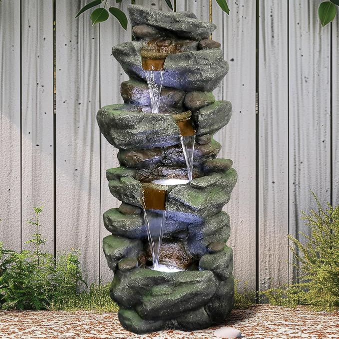 SunJet 40in Outdoor Water Fountain with LED Lights - 4-Tier Polyresin Rock Water Fountain for Home Garden, Yard, Patio, Deck Decor - Soothing Tranquility Floor-Standing Fountains