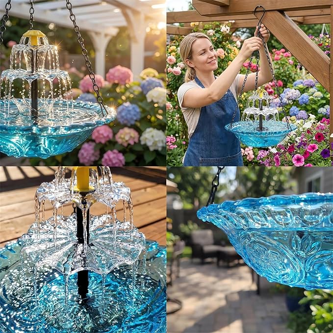 Solar Cascade Hanging Bird Bath Fountain, Solar Birdbath Fountain with Pump, Weatherproof Water Feature to Attract Hummingbirds, Garden Gift Yard Patio Backyard Decoration (Purple)