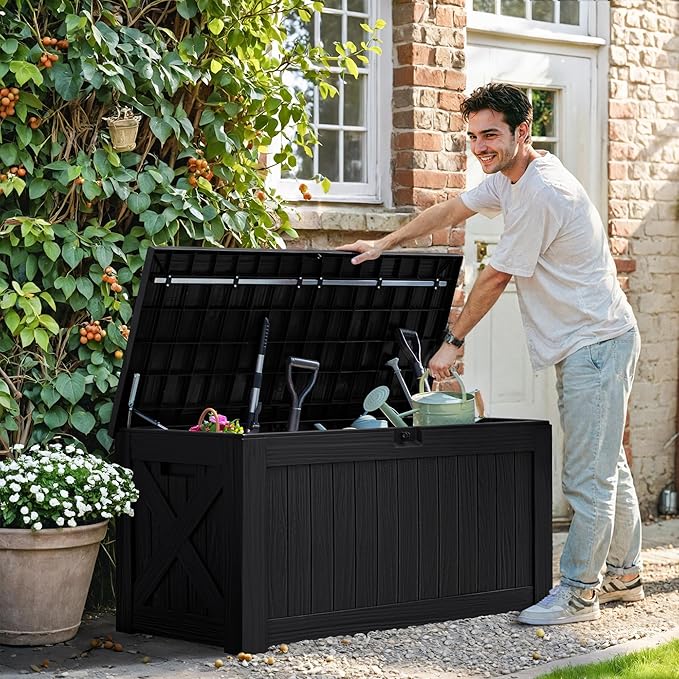 Greesum 120 Gallon Deck Box, Resin Outdoor Storage Container for Patio Furniture, Garden Tools, Pool Accessories, Weatherproof, Lockable, Black - Image 2