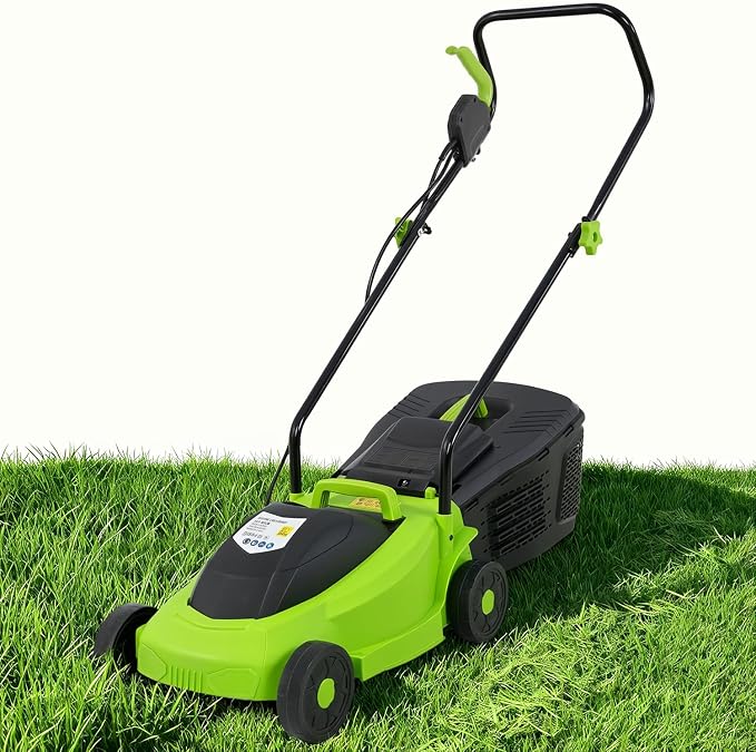‌FDW 13-Inch Electric Corded Push Lawn Mower - 12 Amp Motor, 3-Position Height Adjustment, Dethatcher Function & Grass Collection Box by FDW