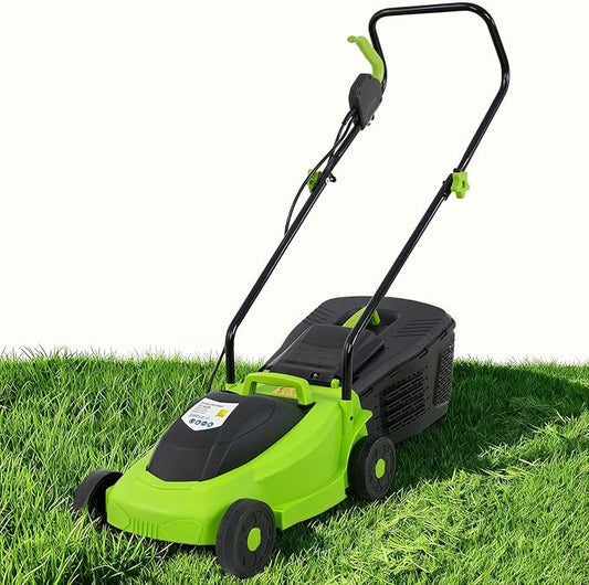 ‌FDW 13-Inch Electric Corded Push Lawn Mower - 12 Amp Motor, 3-Position Height Adjustment, Dethatcher Function & Grass Collection Box by FDW