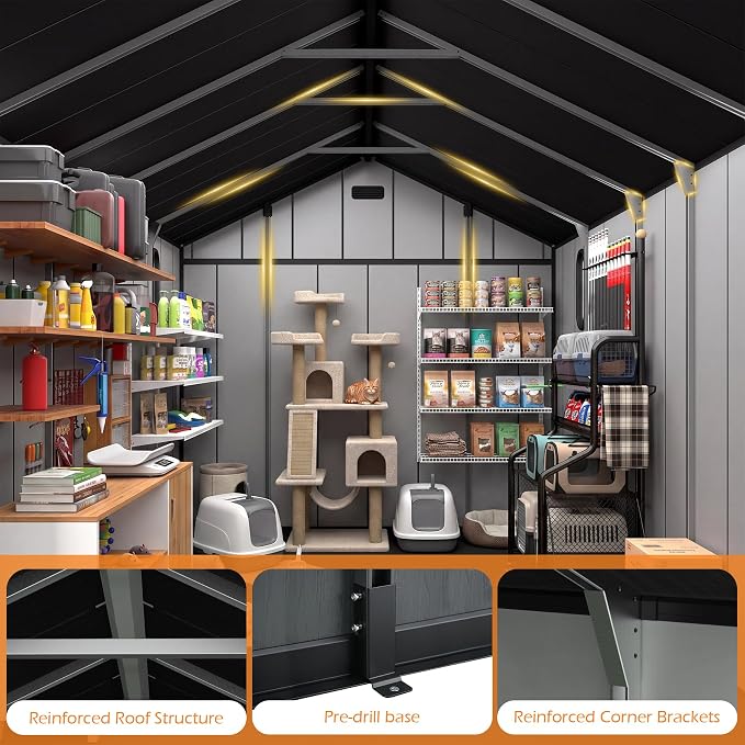 Domi 8x12Ft Resin Outdoor Storage Shed with Floor, Plastic Garden Storage Shed, Outside Weatherproof Storage Building for Tools, Bike, Lawn Mower, Patio, Backyard - Image 3